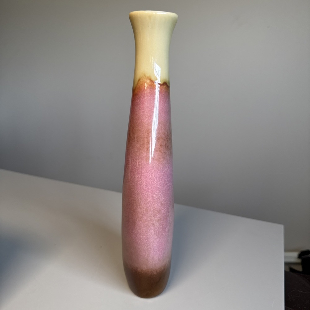 Ceramic bud vase with handle Pink drip glaze 11.5" glossy pastel art calming - Picture 2 of 12